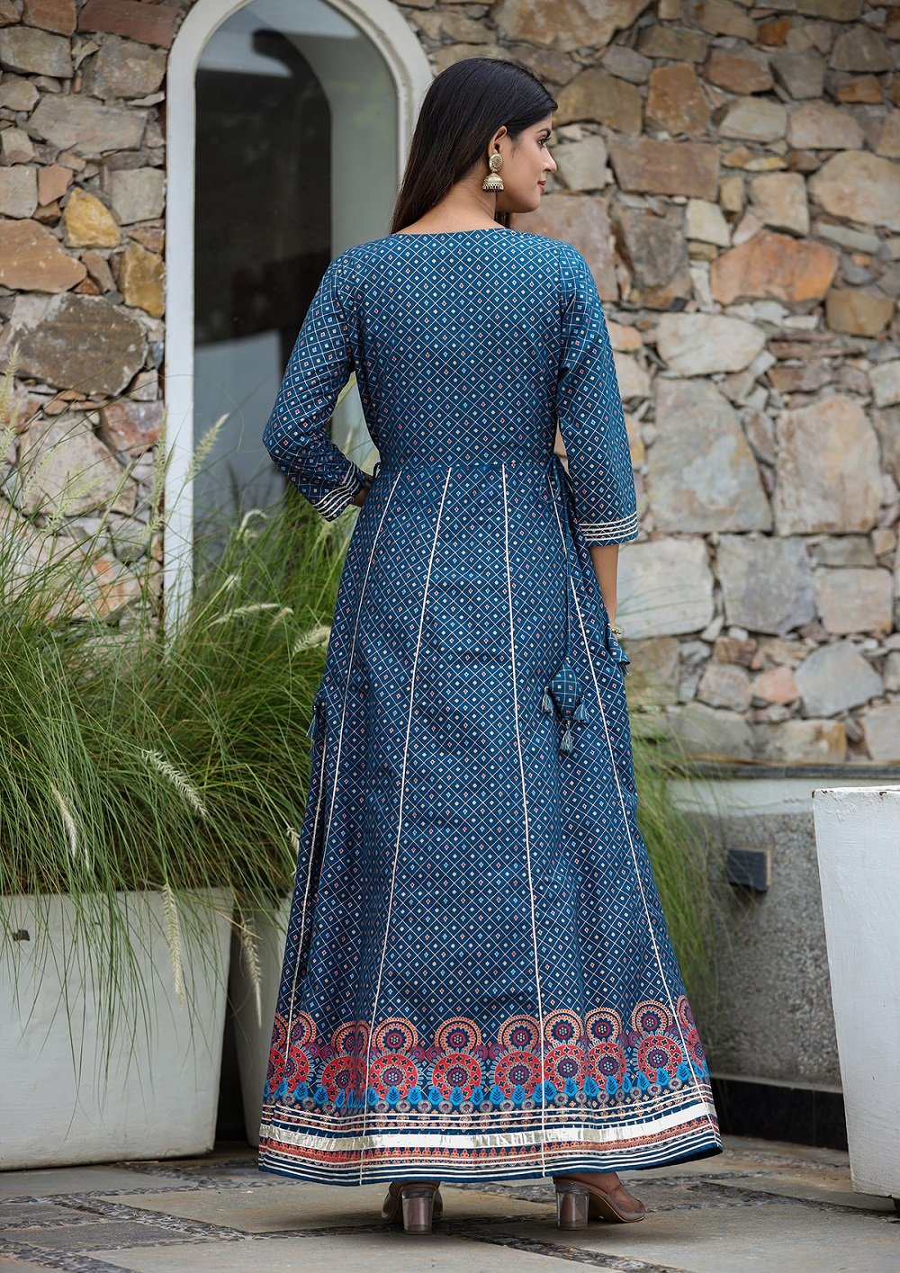Blue Gold Printed Cotton Ethnic Dress