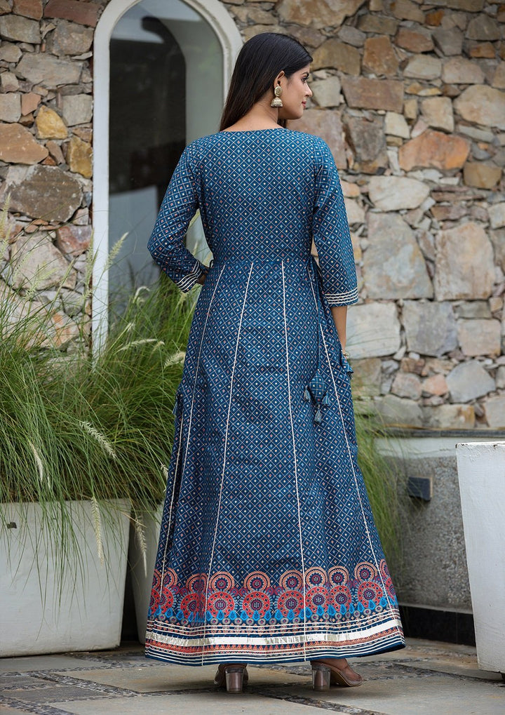 Blue Gold Printed Cotton Ethnic Dress