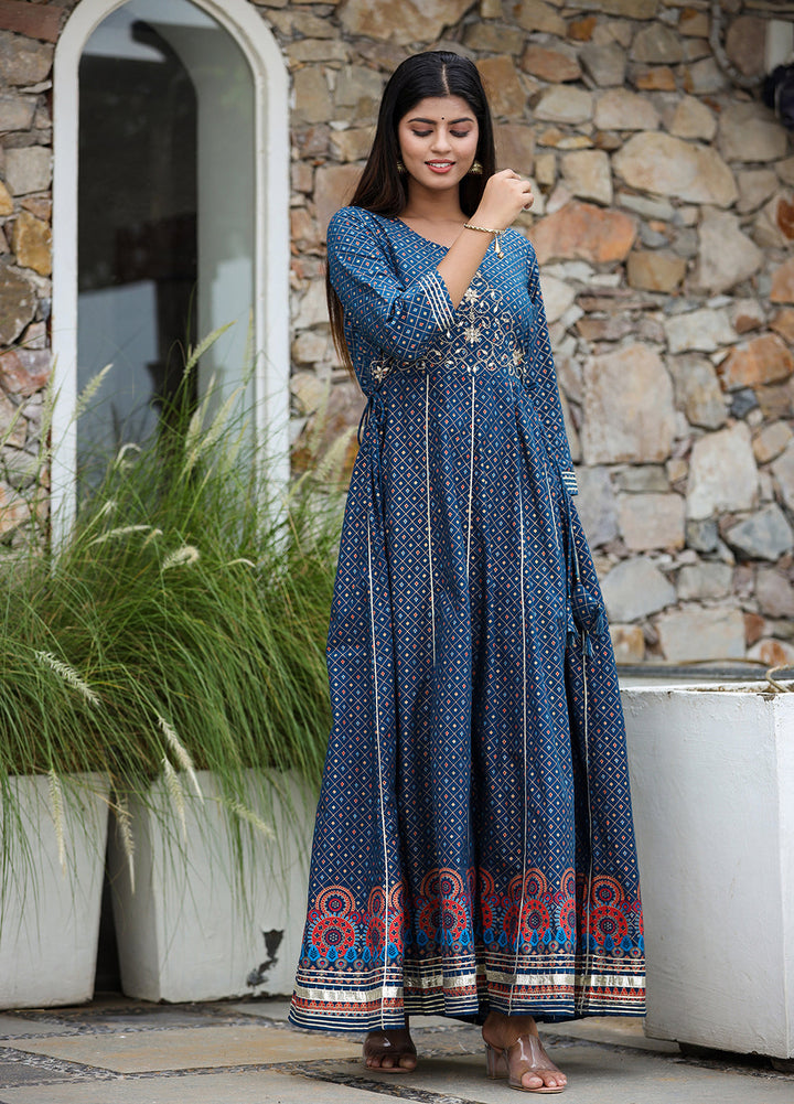 Blue Gold Printed Cotton Ethnic Dress