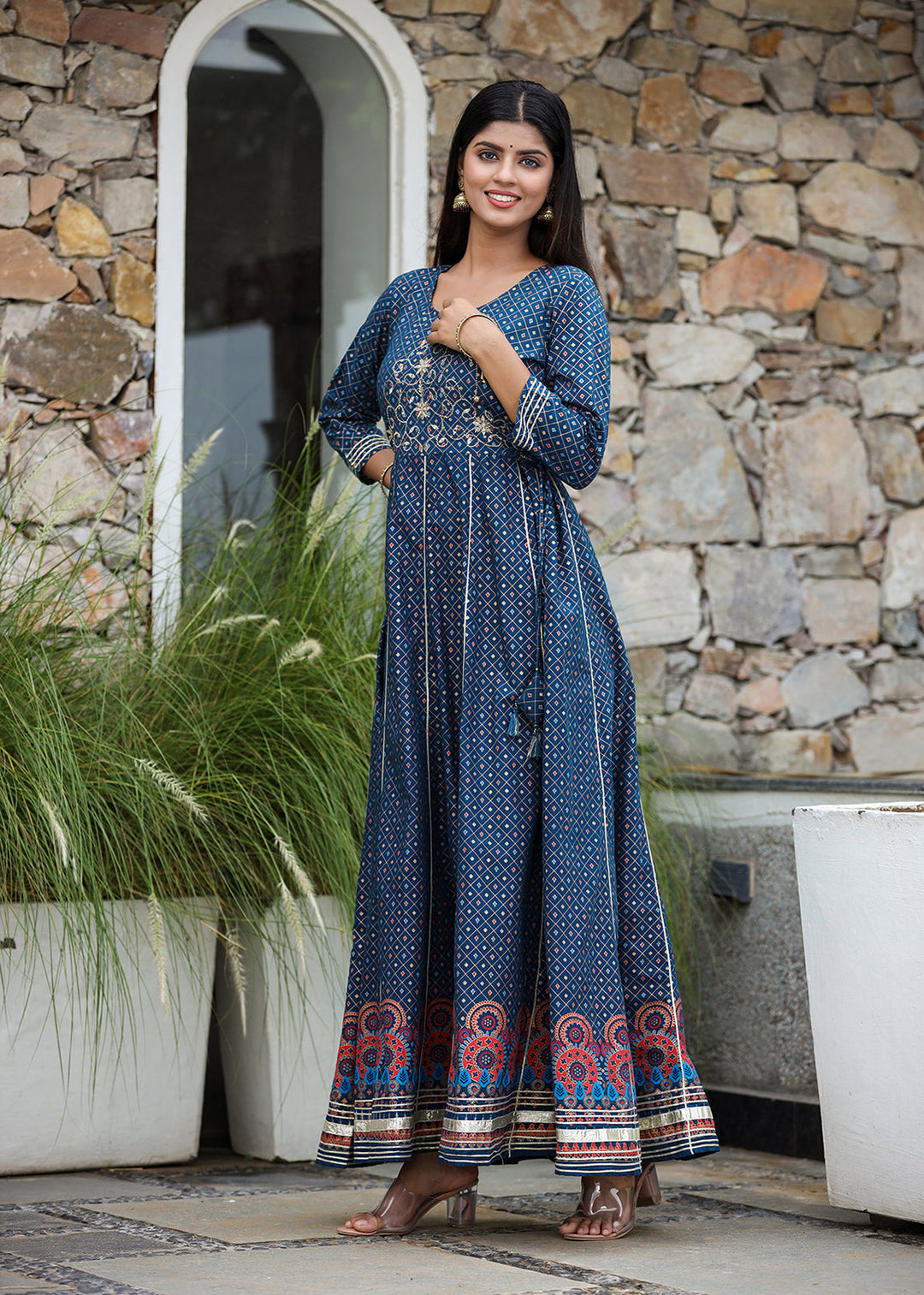 Blue Gold Printed Cotton Ethnic Dress