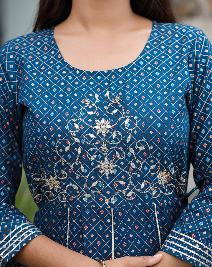 Blue Gold Printed Cotton Ethnic Dress