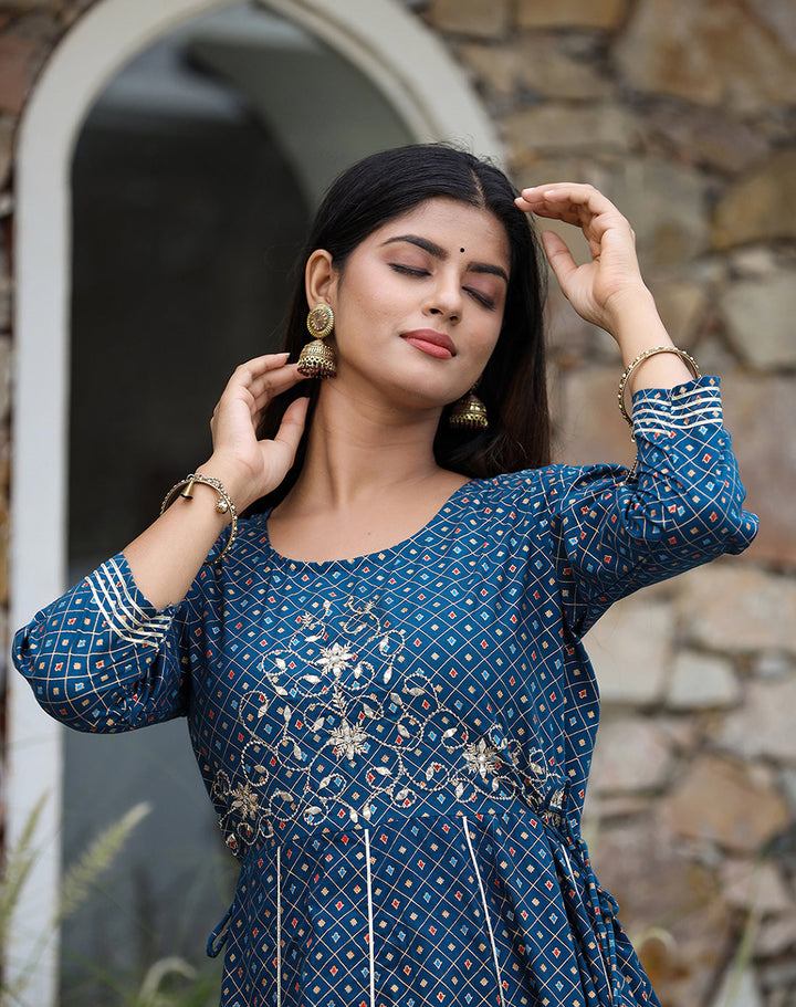 Blue Gold Printed Cotton Ethnic Dress