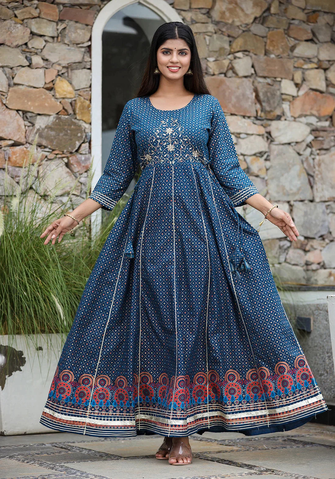 Blue Gold Printed Cotton Ethnic Dress