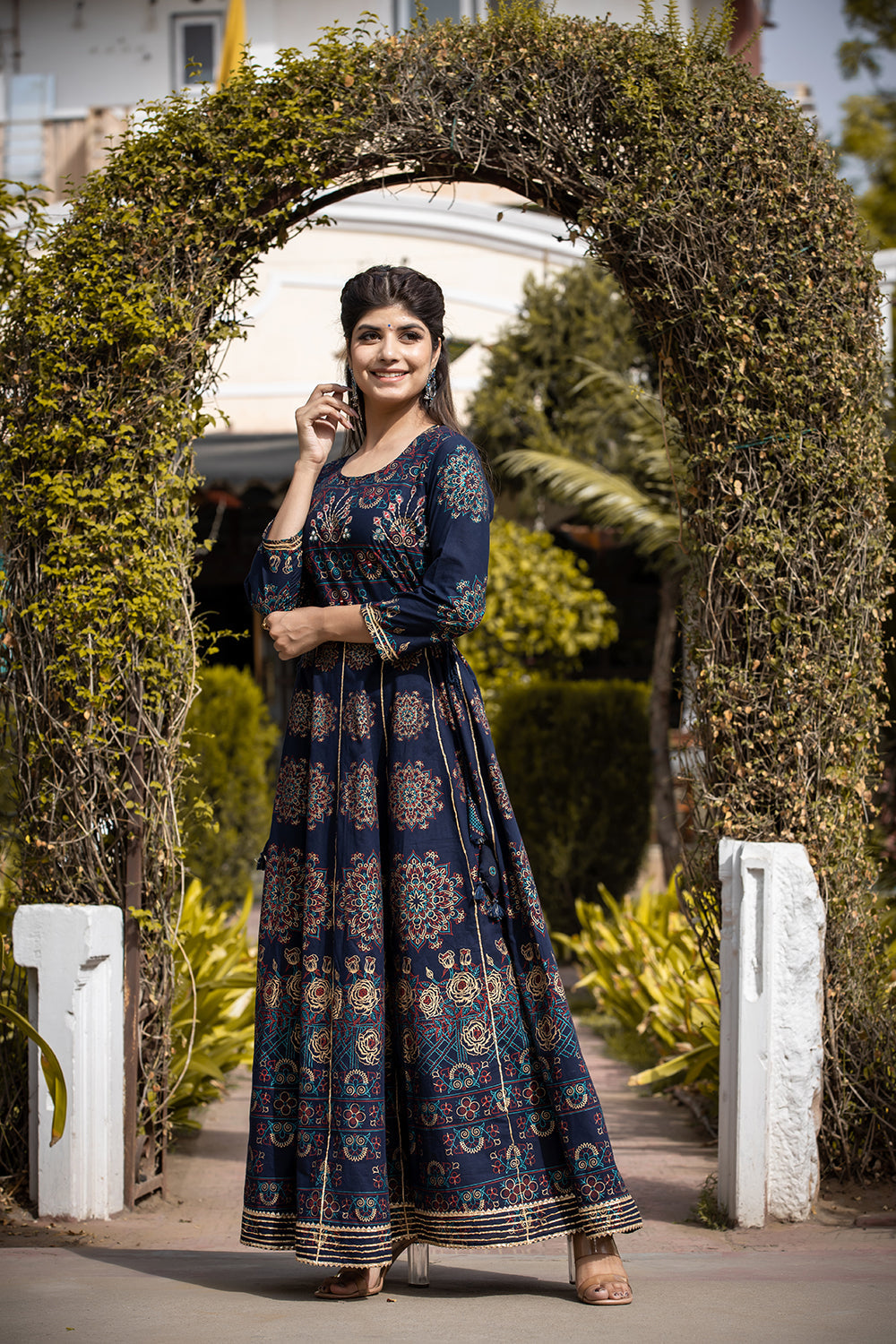Blue Floral Gold Printed Ethnic Gown