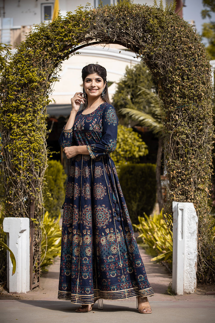 Blue Floral Gold Printed Ethnic Gown