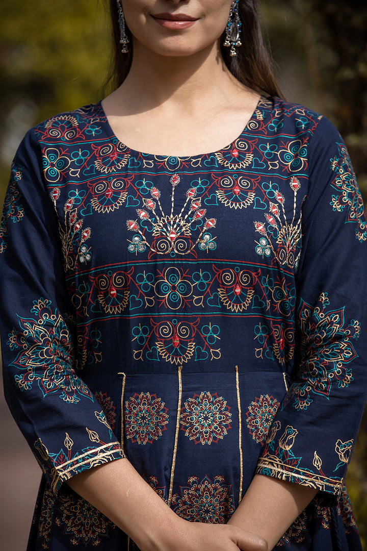 Blue Floral Gold Printed Ethnic Gown
