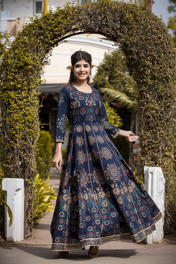 Blue Floral Gold Printed Ethnic Gown