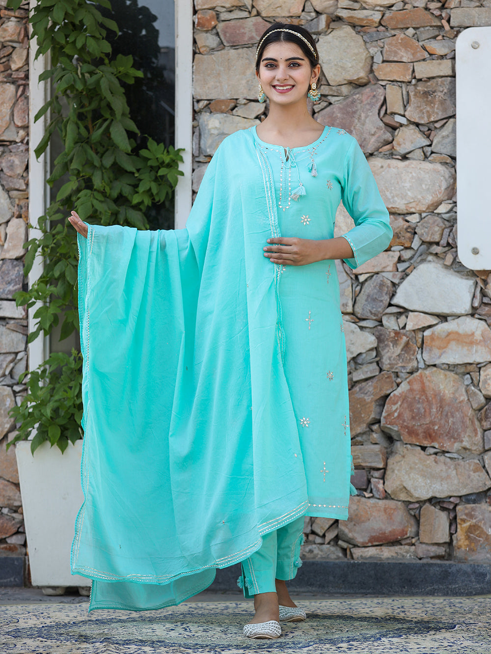 Sky Green Mirror Embellished Cotton Suit Set