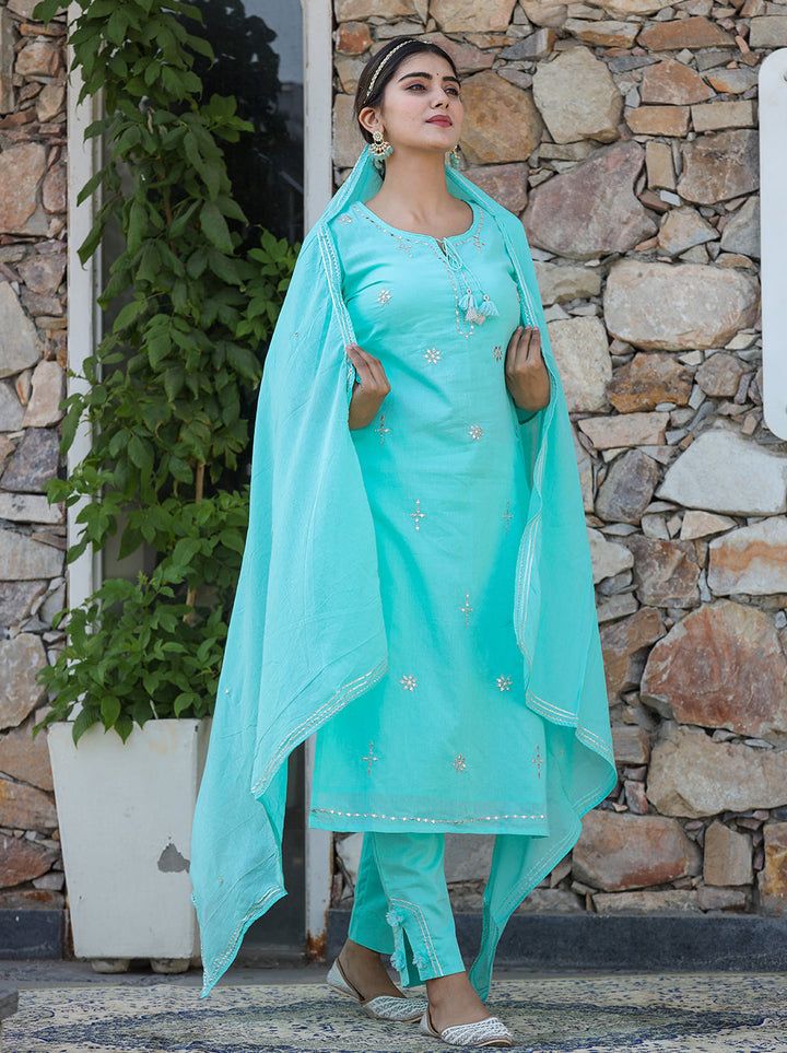 Sky Green Mirror Embellished Cotton Suit Set