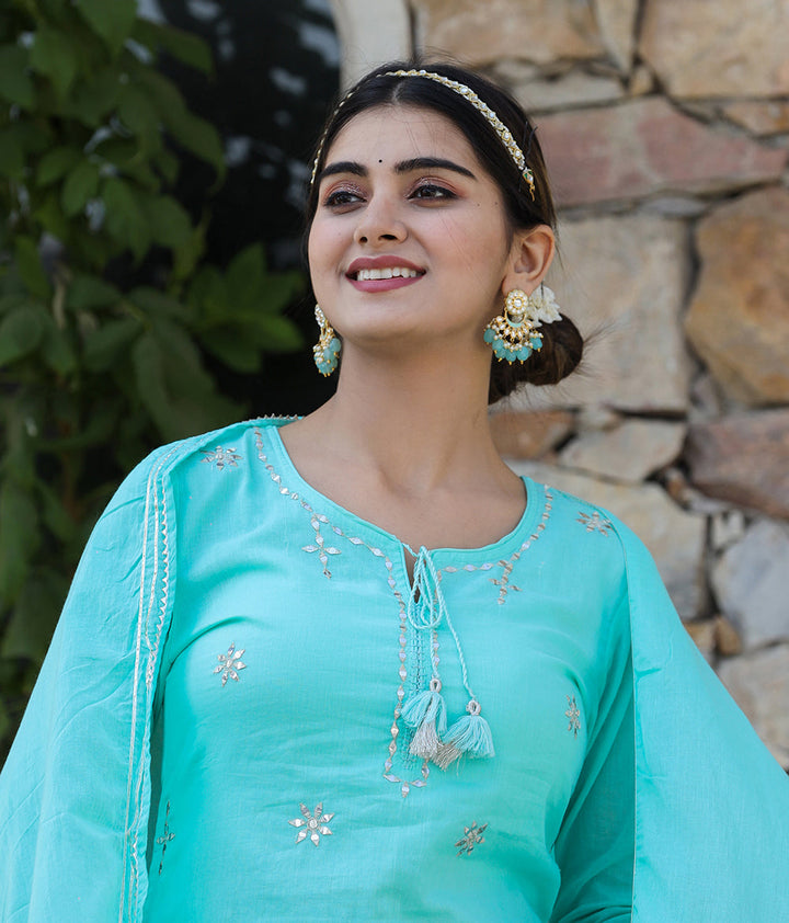 Sky Green Mirror Embellished Cotton Suit Set