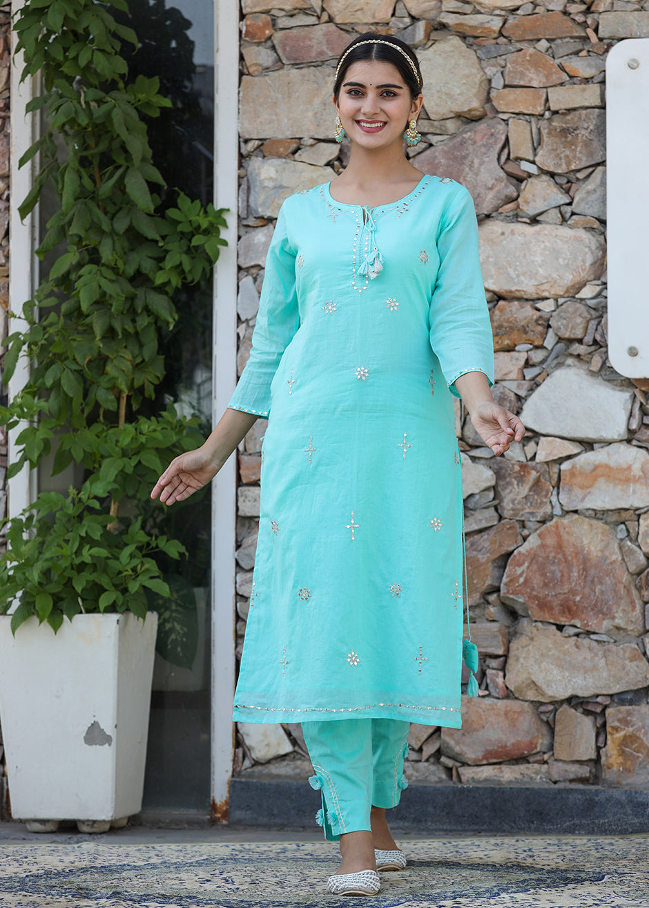 Sky Green Mirror Embellished Cotton Suit Set