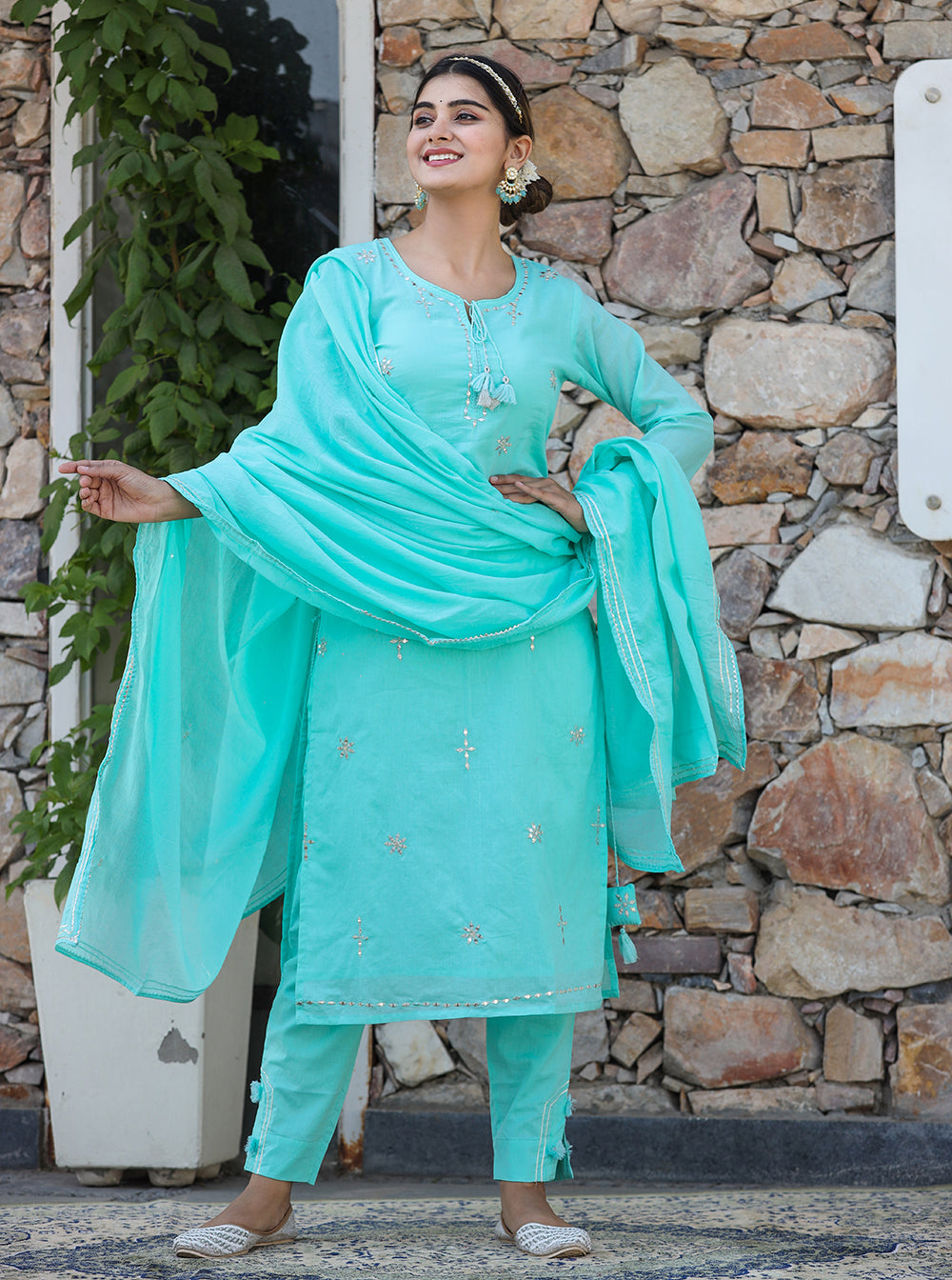Sky Green Mirror Embellished Cotton Suit Set