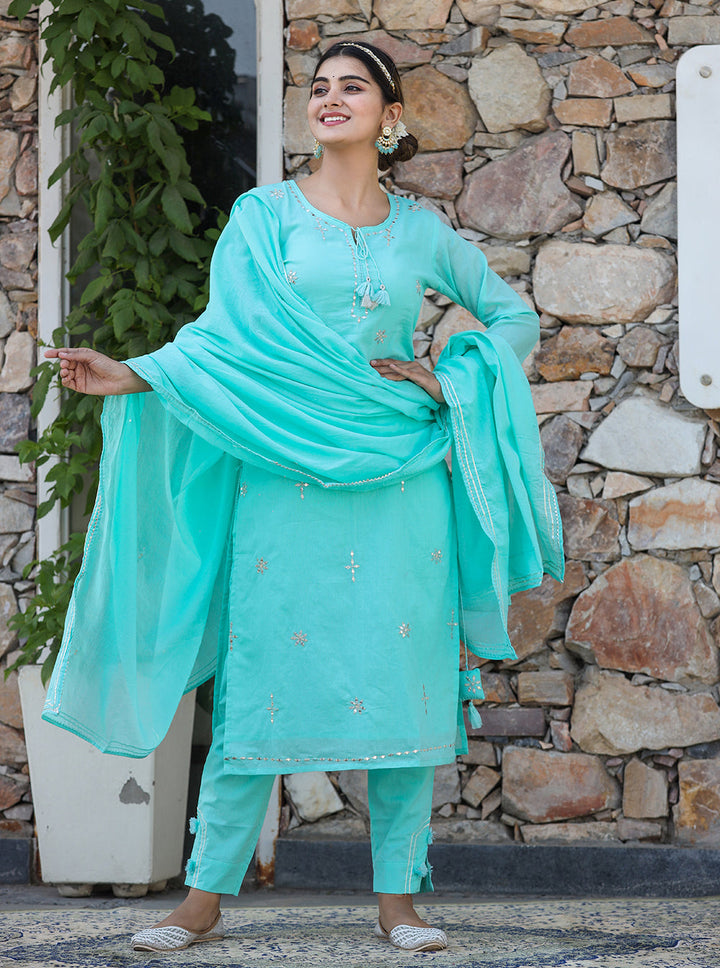 Sky Green Mirror Embellished Cotton Suit Set