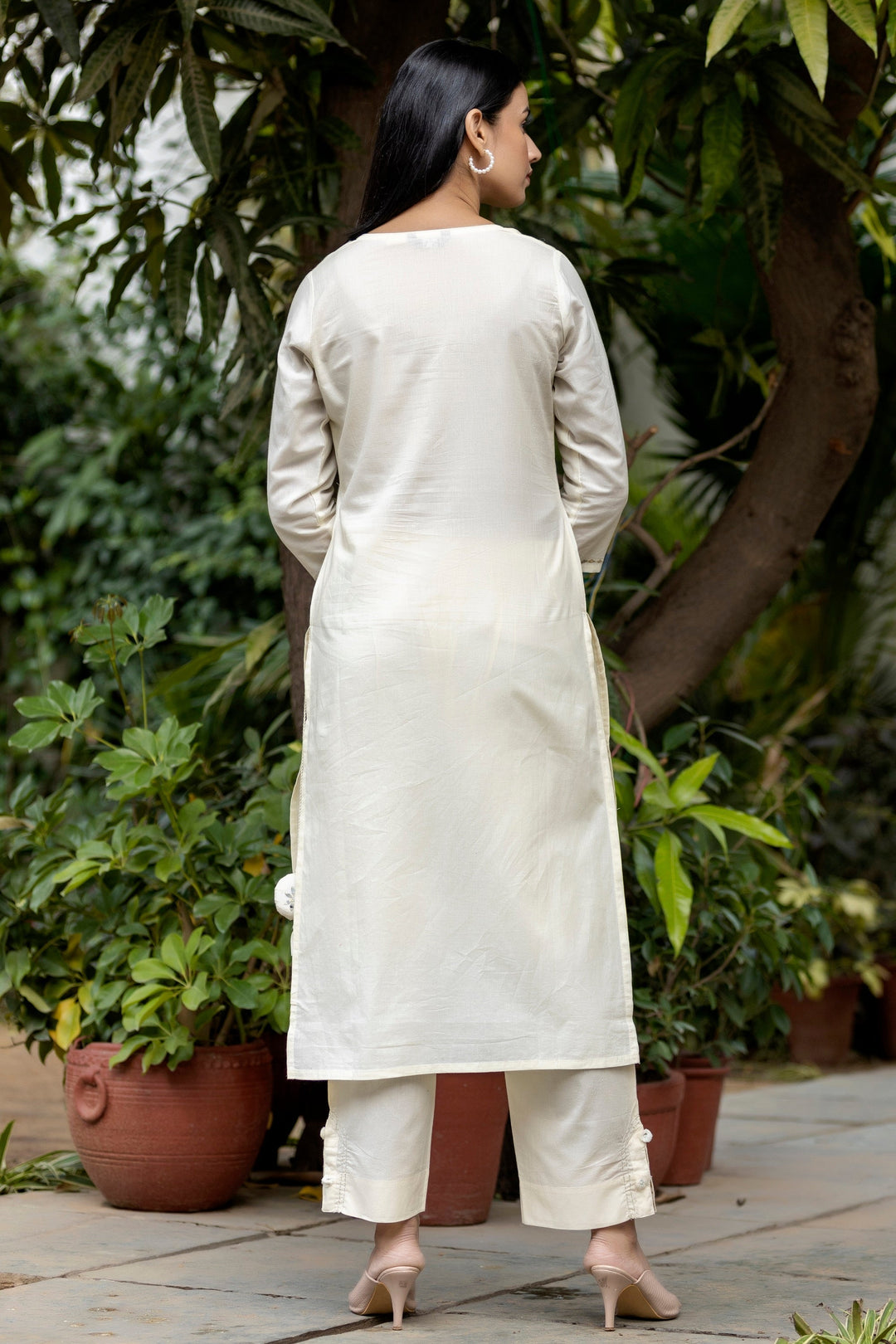 Off White Mirror Embellished Cotton Suit Set