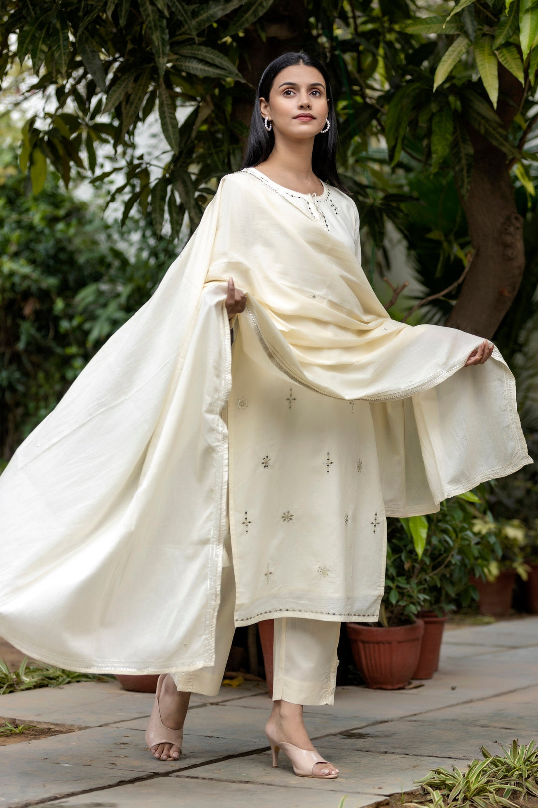 Off White Mirror Embellished Cotton Suit Set