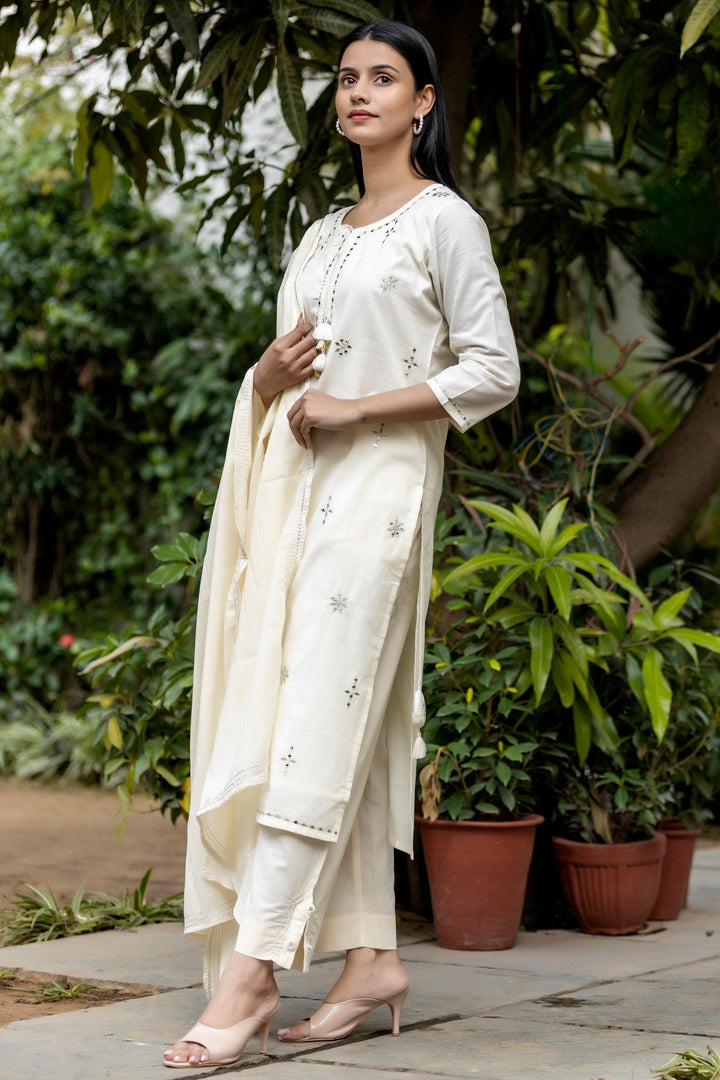 Off White Mirror Embellished Cotton Suit Set
