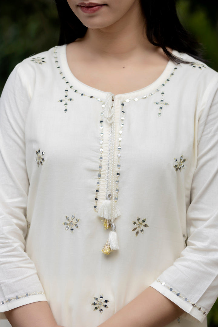 Off White Mirror Embellished Cotton Suit Set