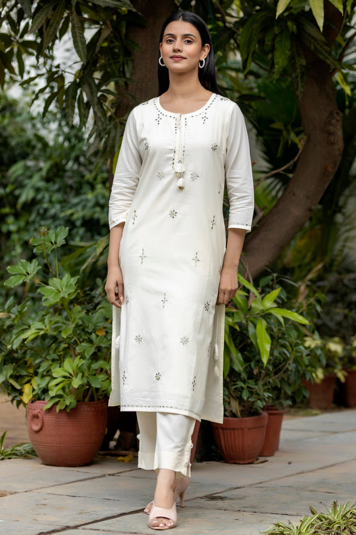 Off White Mirror Embellished Cotton Suit Set