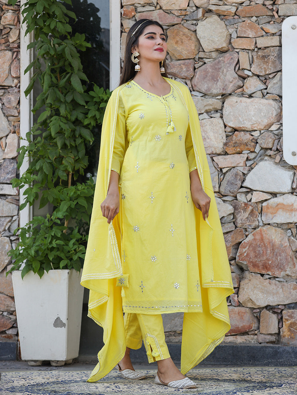 Yellow Mirror Embellished Cotton Suit Set