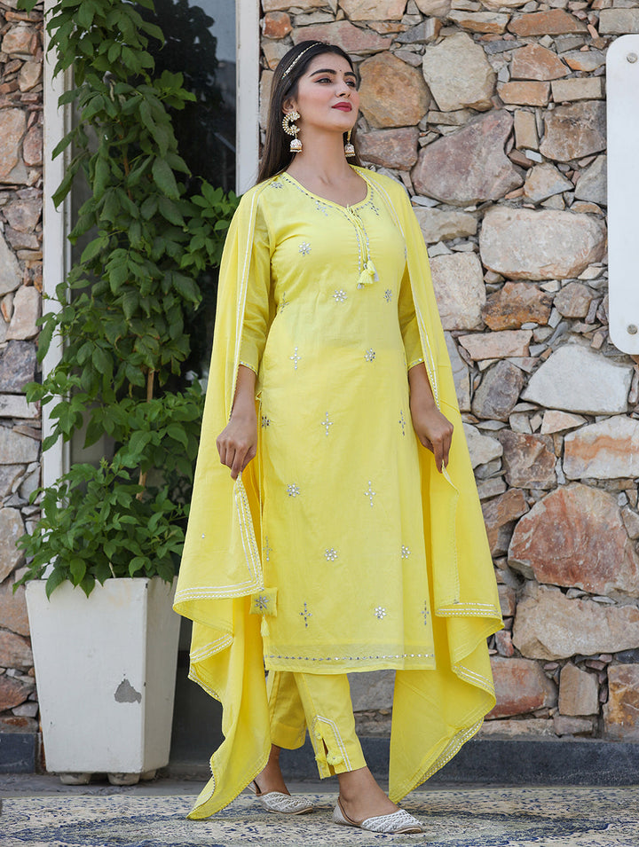 Yellow Mirror Embellished Cotton Suit Set