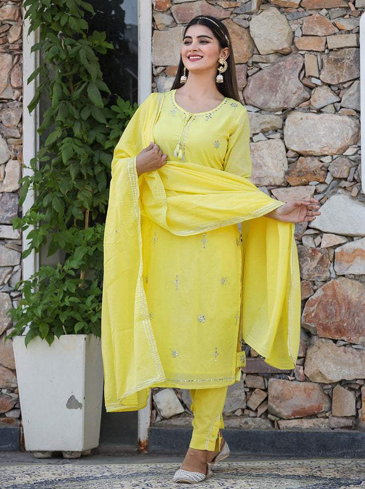 Yellow Mirror Embellished Cotton Suit Set