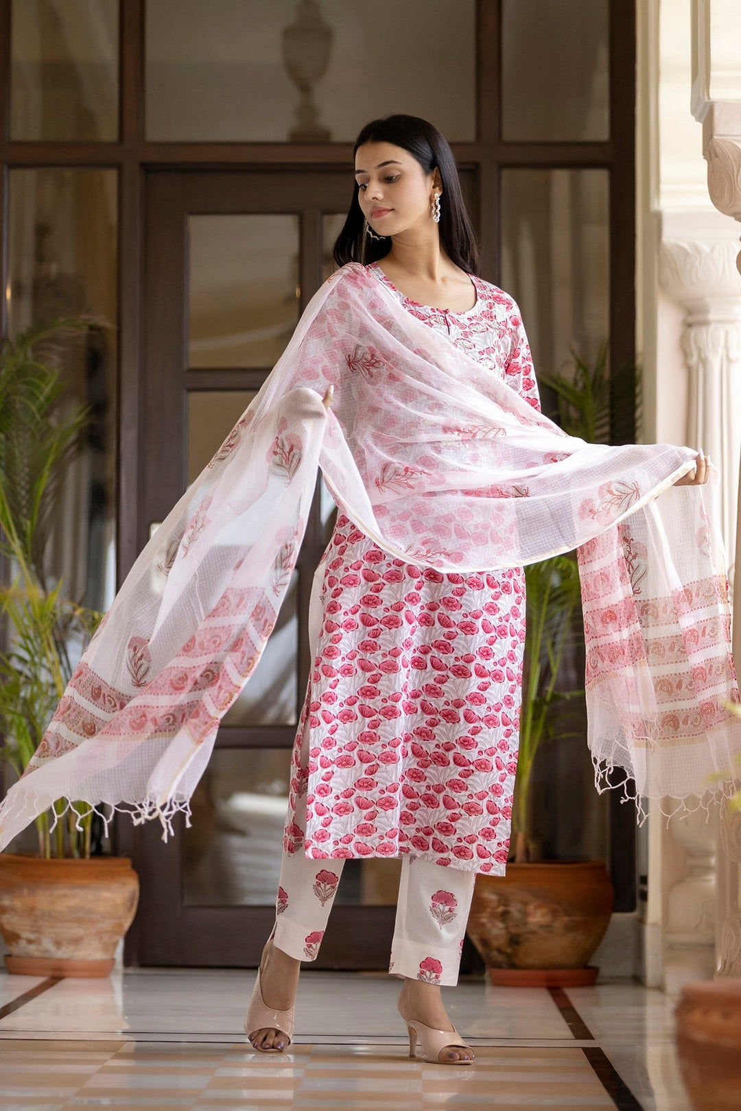 Pink Handblock Printed Cotton Suit Set