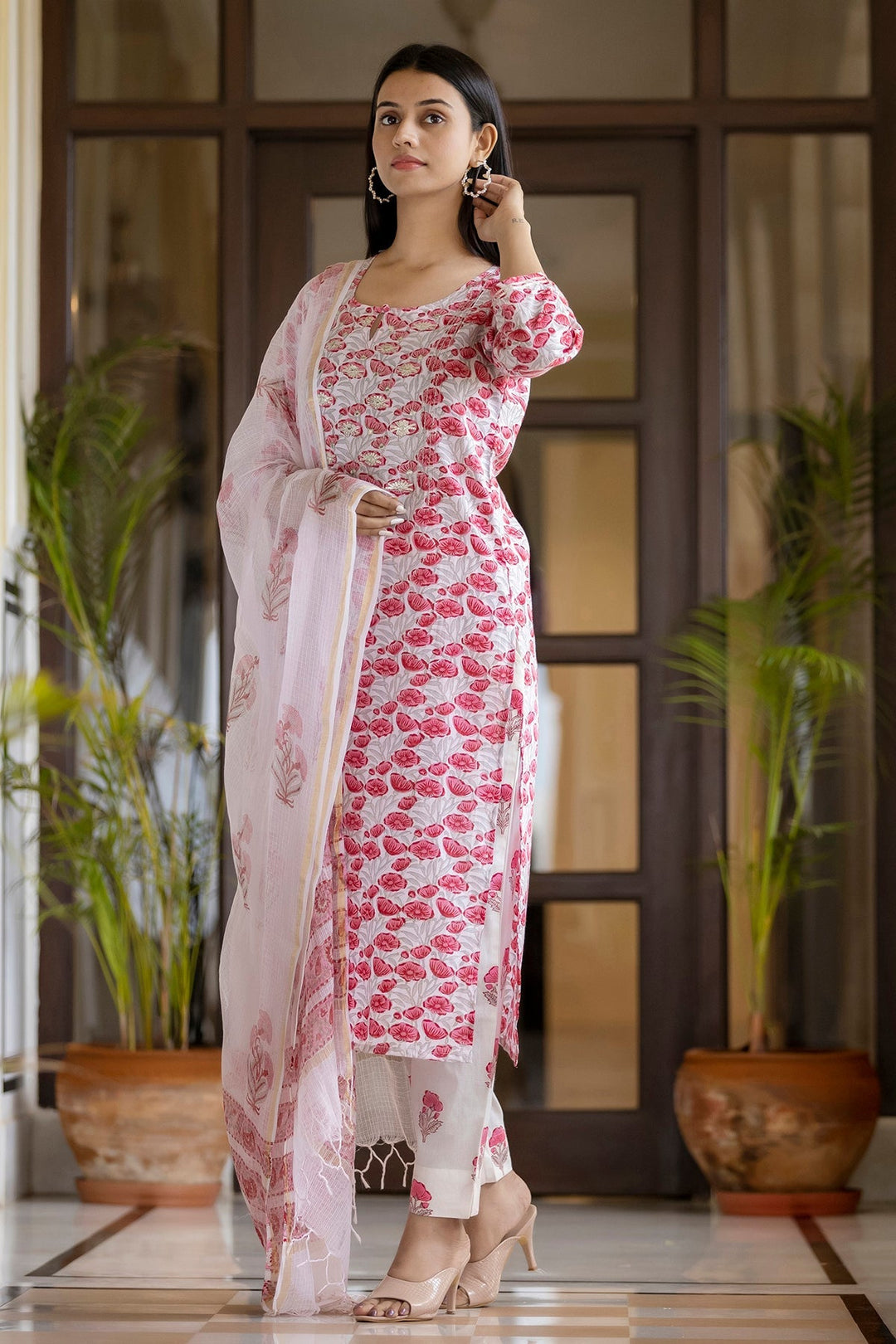 Pink Handblock Printed Cotton Suit Set