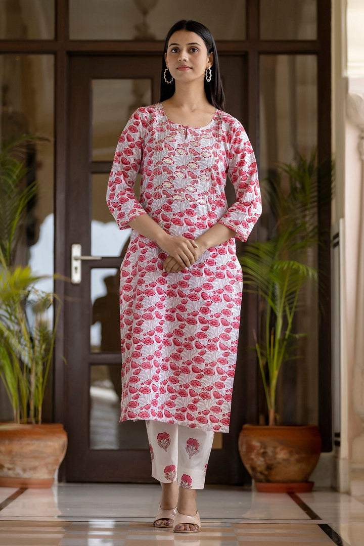 Pink Handblock Printed Cotton Suit Set