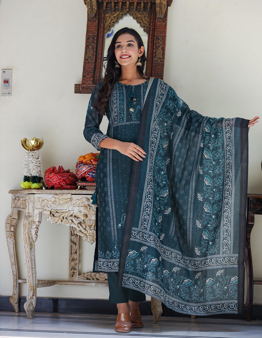 Bottle Green Chanderi Suit Set