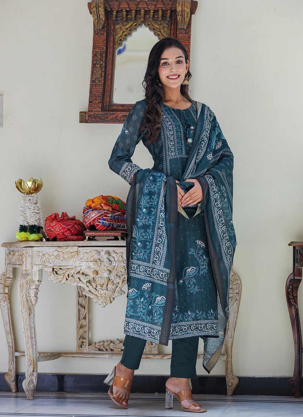 Bottle Green Chanderi Suit Set