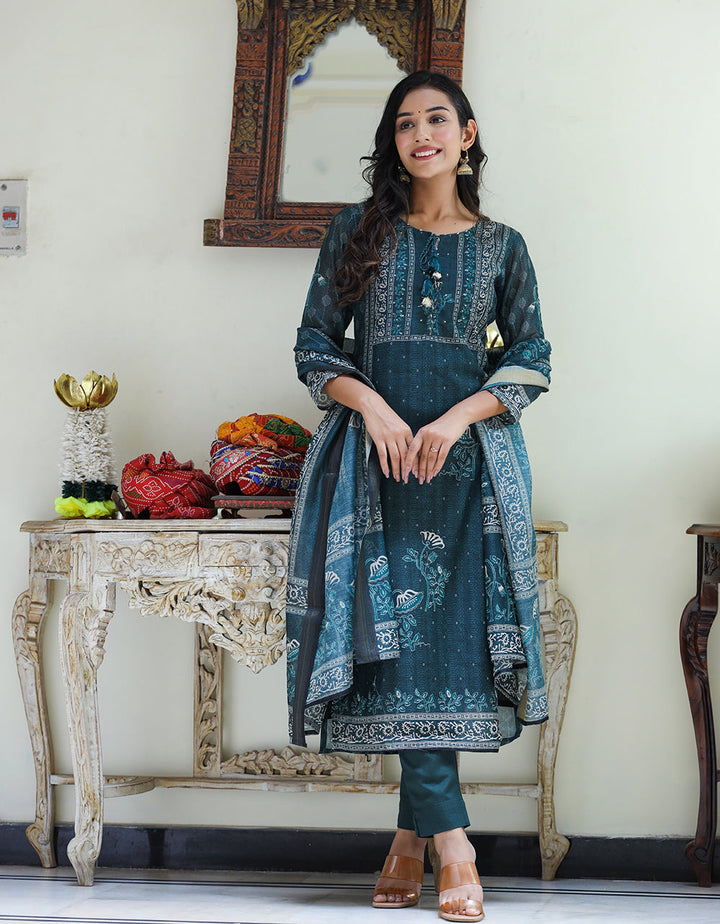 Bottle Green Chanderi Suit Set