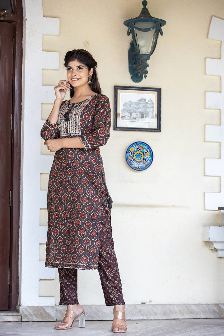 Brown Ajrak Printed Cotton Kurta Pant Set