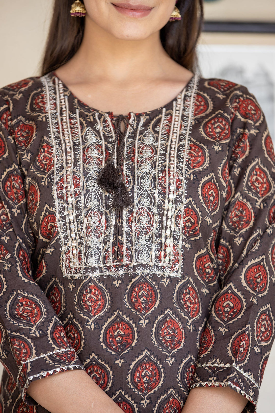 Brown Ajrak Printed Cotton Kurta Pant Set