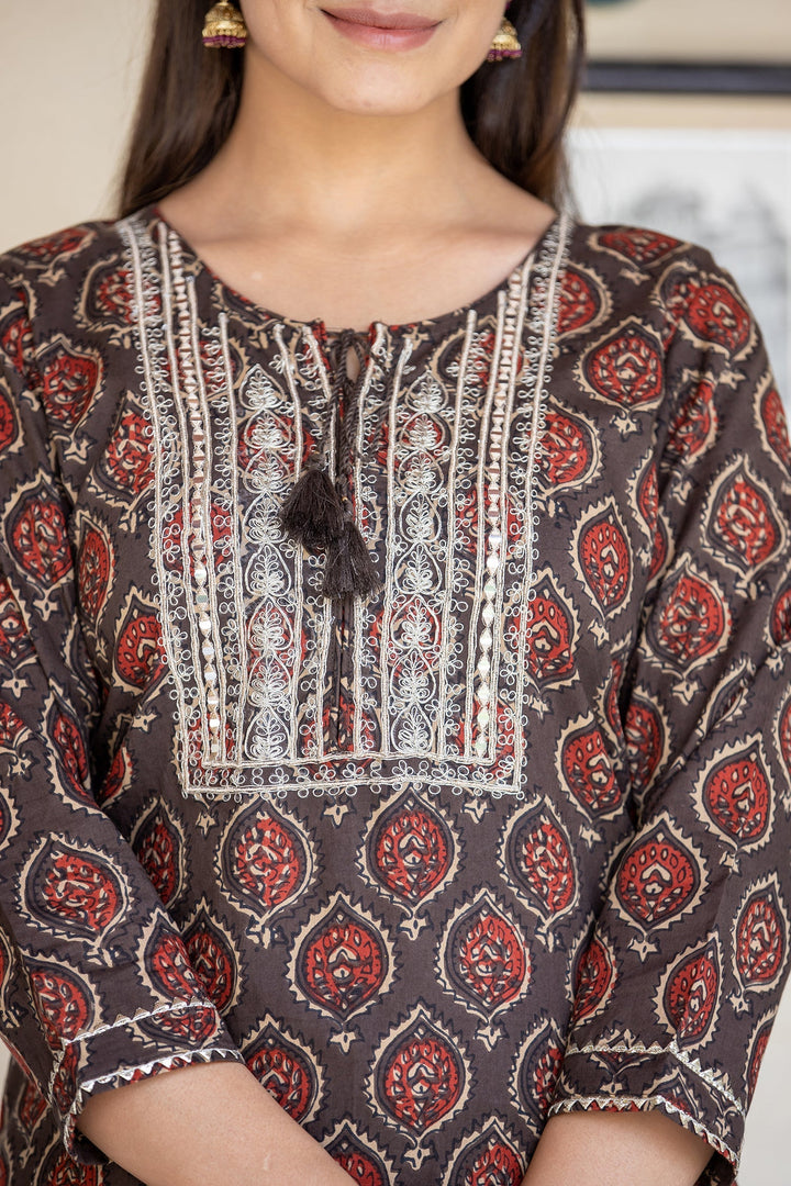 Brown Ajrak Printed Cotton Kurta Pant Set