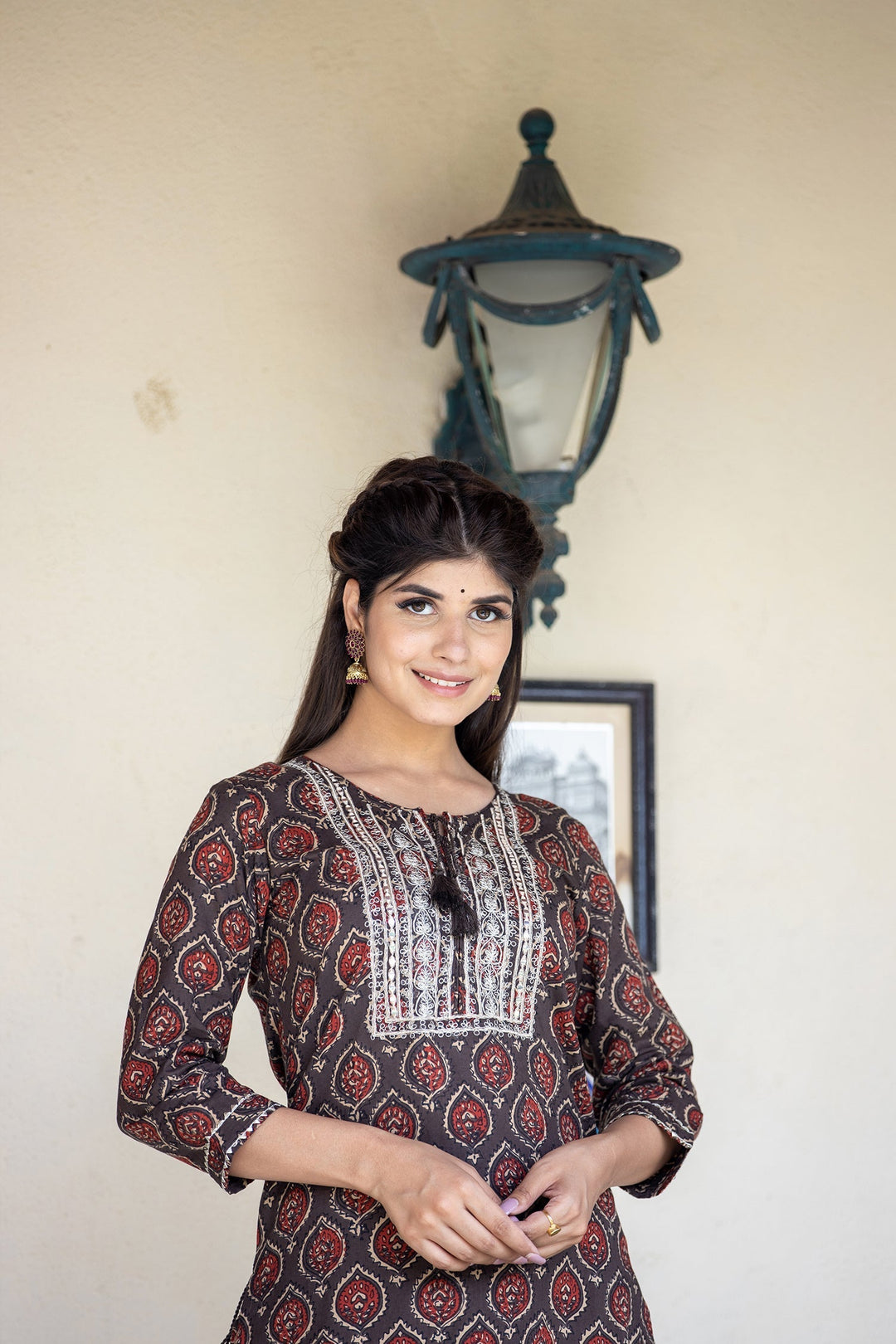 Brown Ajrak Printed Cotton Kurta Pant Set
