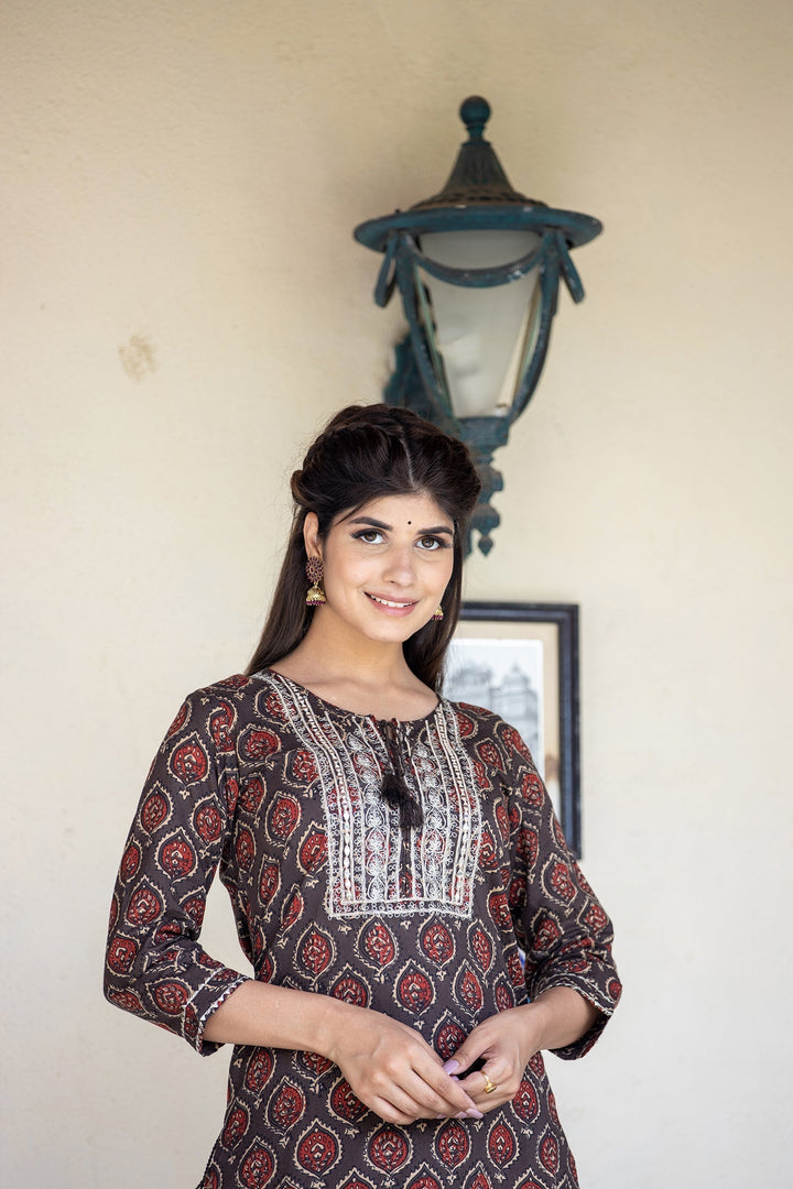 Brown Ajrak Printed Cotton Kurta Pant Set