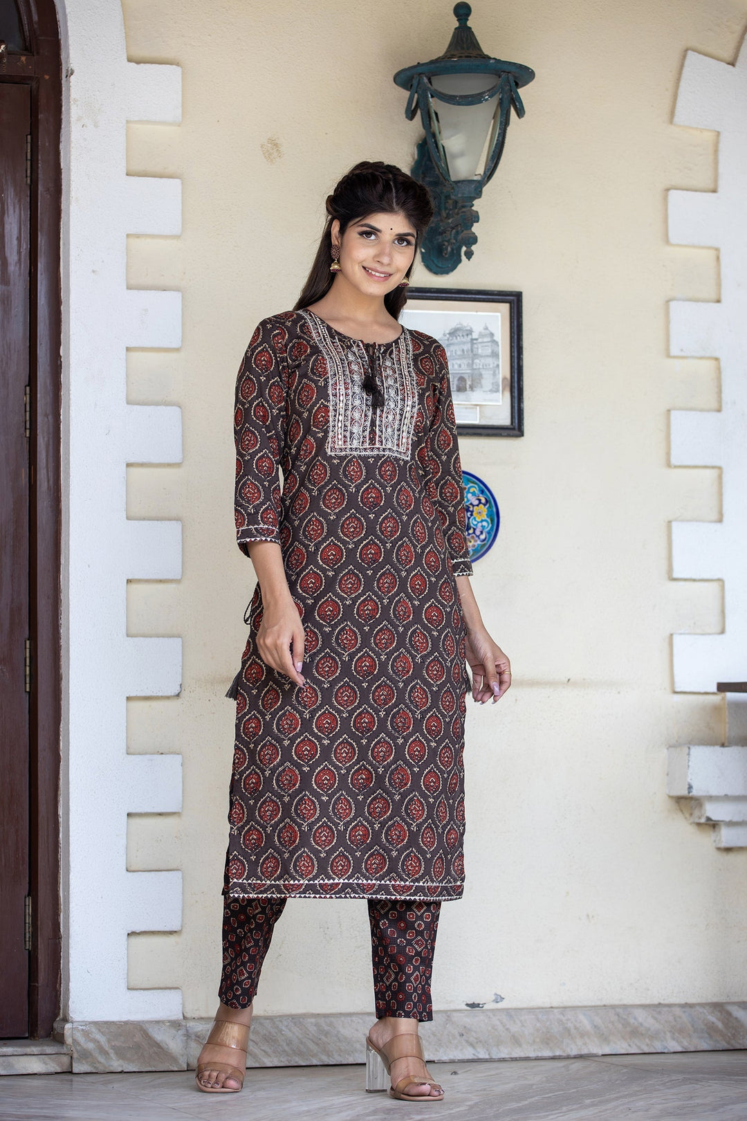 Brown Ajrak Printed Cotton Kurta Pant Set