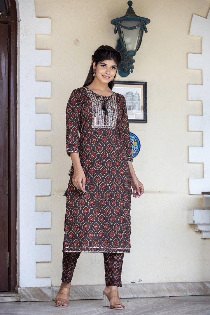 Brown Ajrak Printed Cotton Kurta Pant Set