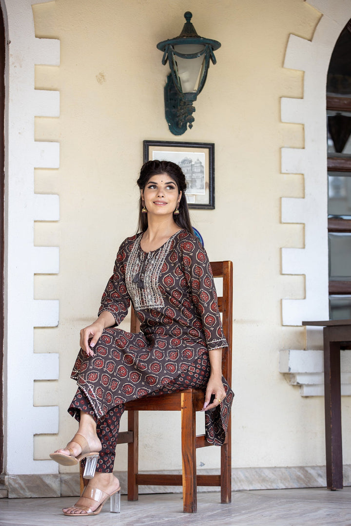 Brown Ajrak Printed Cotton Kurta Pant Set