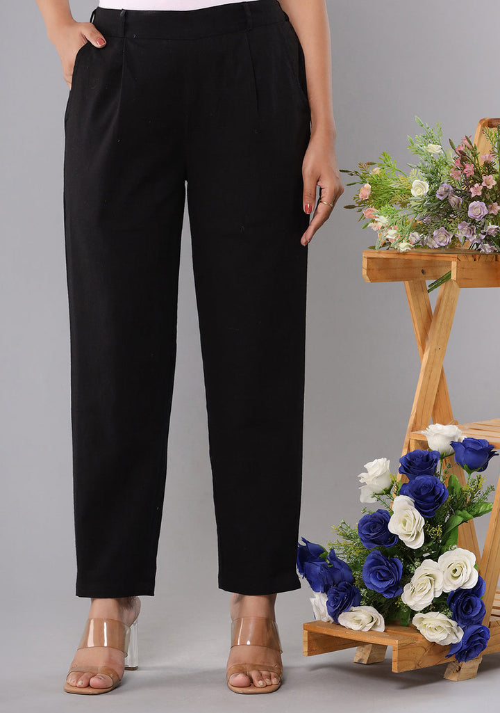 Women Black Cotton Straight Trouser