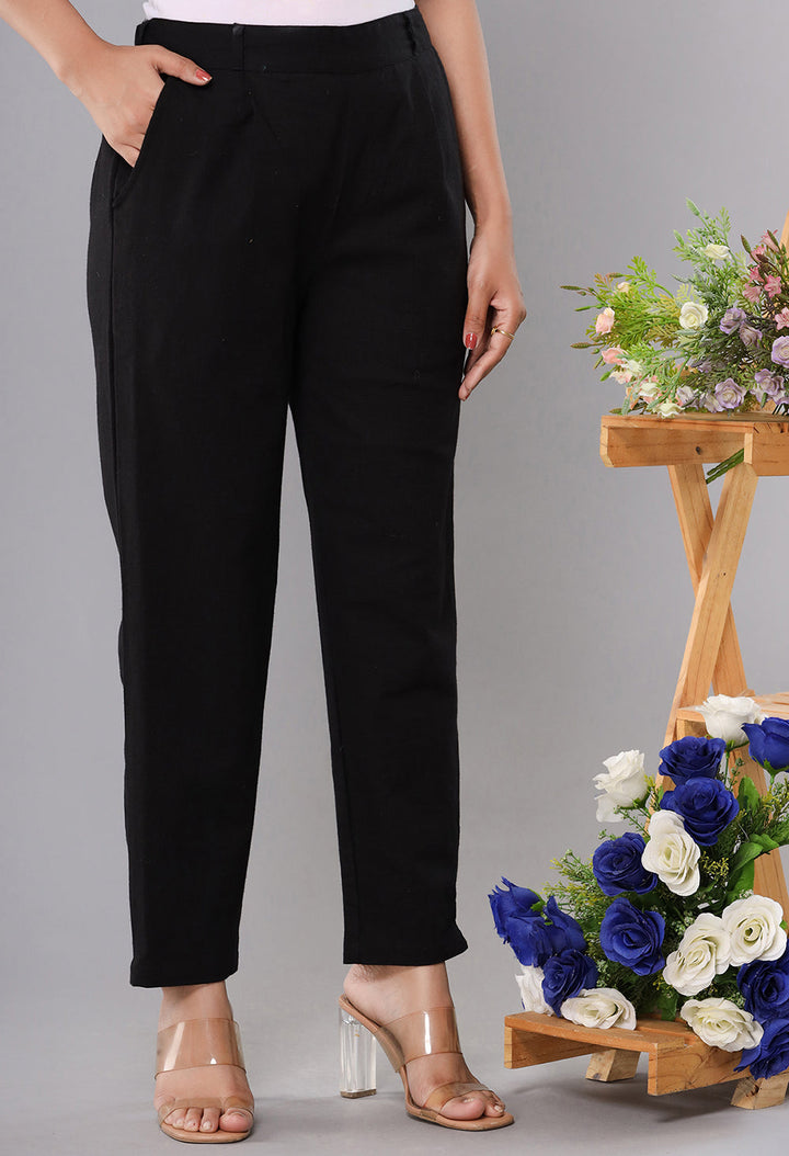 Women Black Cotton Straight Trouser