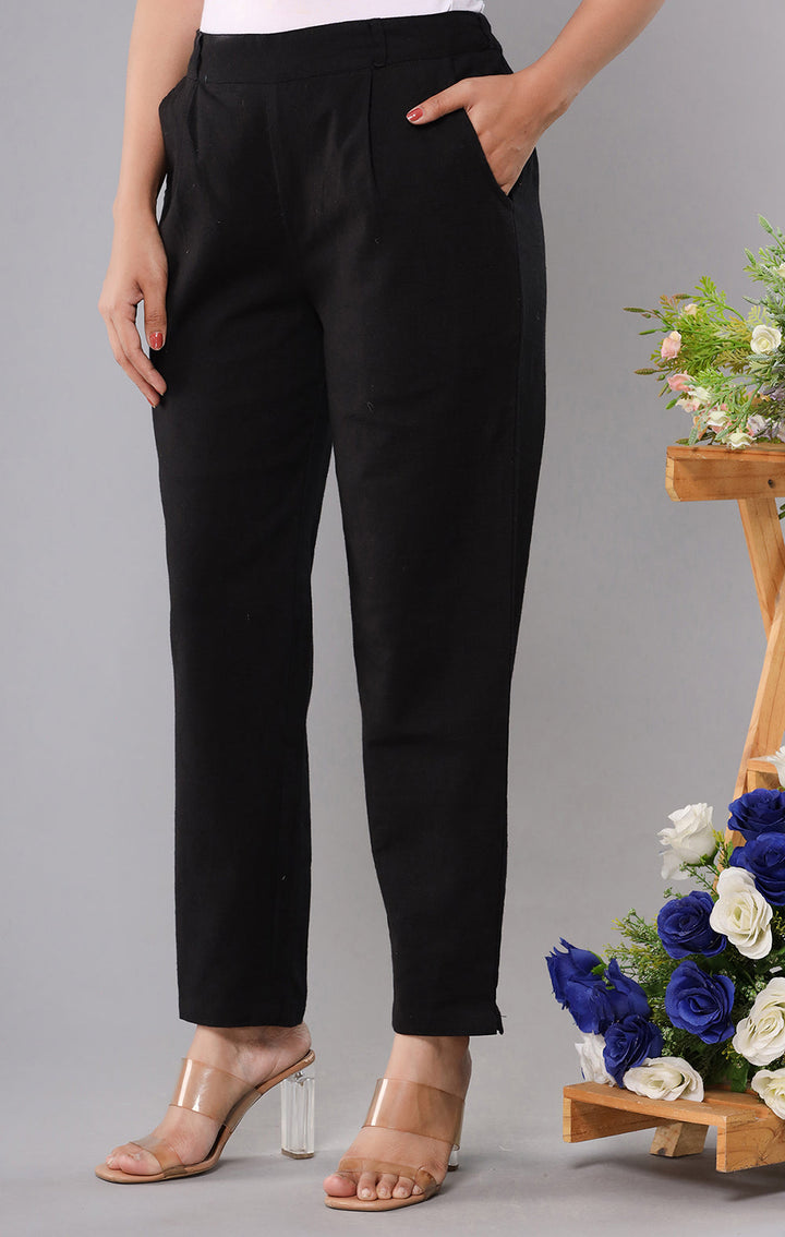 Women Black Cotton Straight Trouser