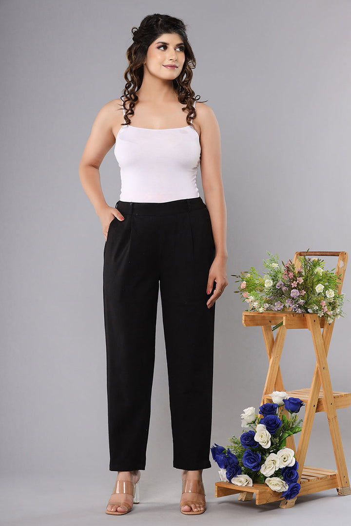 Women Black Cotton Straight Trouser