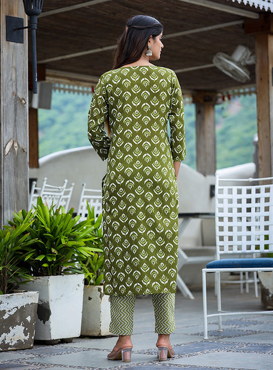 Green Floral Print Kurta Pant Set