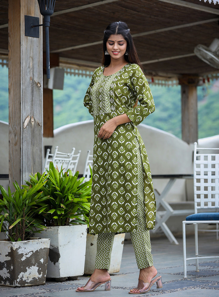 Green Floral Print Kurta Pant Set