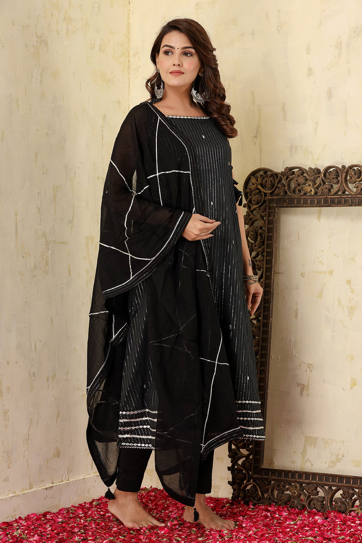 Black Lurex Sleeveless Cotton Kurta Pant With Dupatta Set