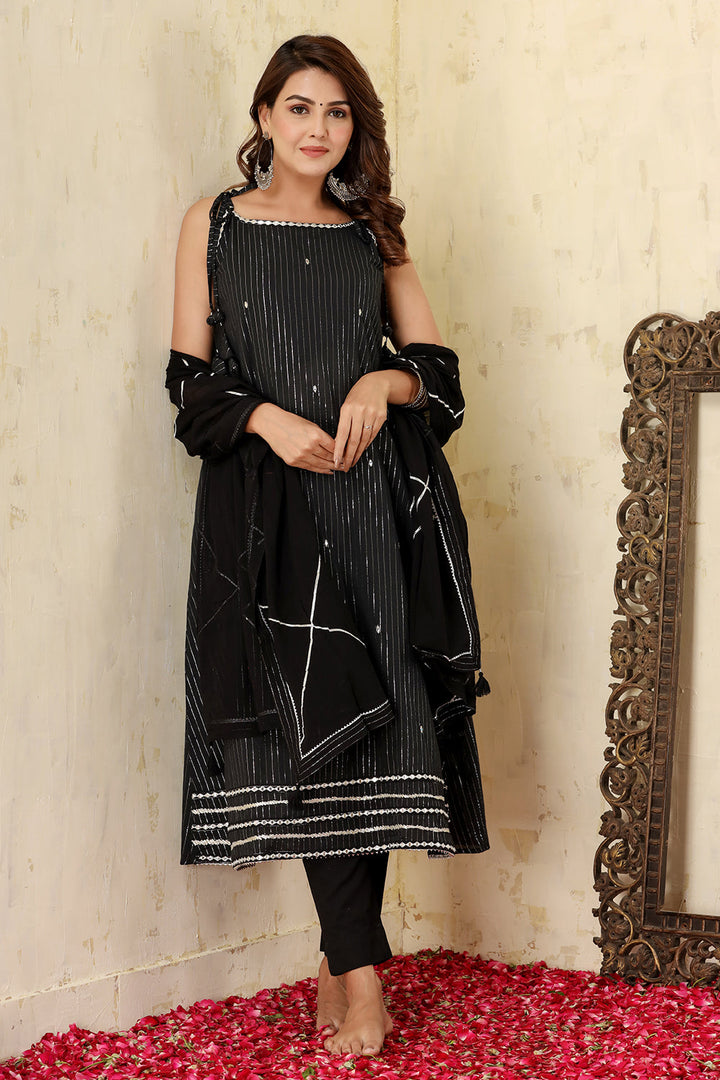 Black Lurex Sleeveless Cotton Kurta Pant With Dupatta Set