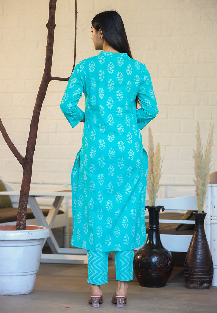 Turqouise Green Block Print Cotton Kurta Pant Set With Dupatta