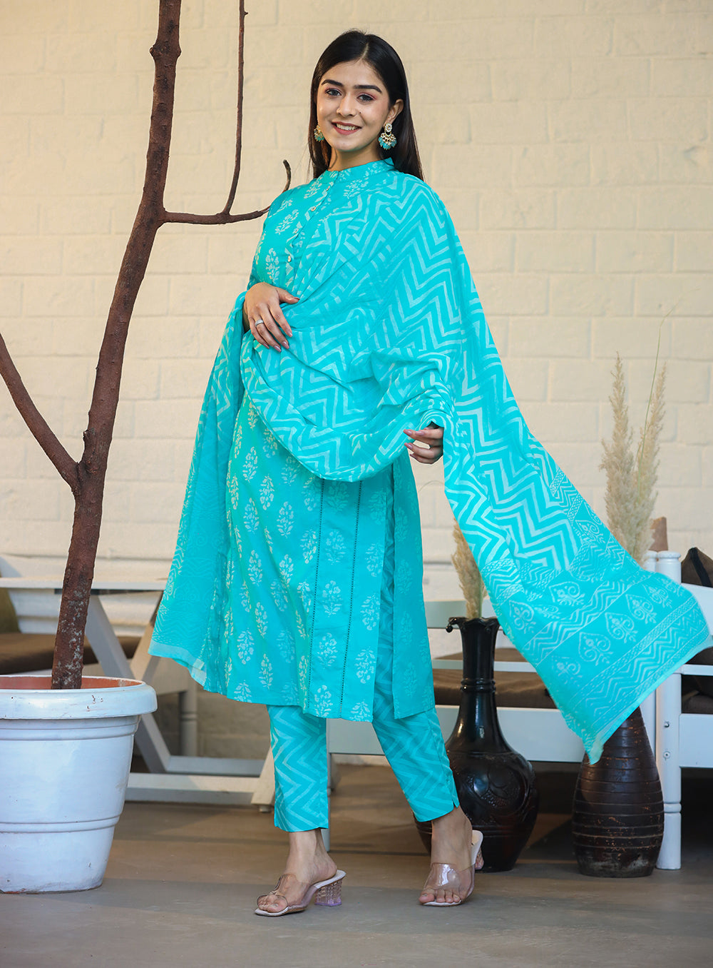 Turqouise Green Block Print Cotton Kurta Pant Set With Dupatta