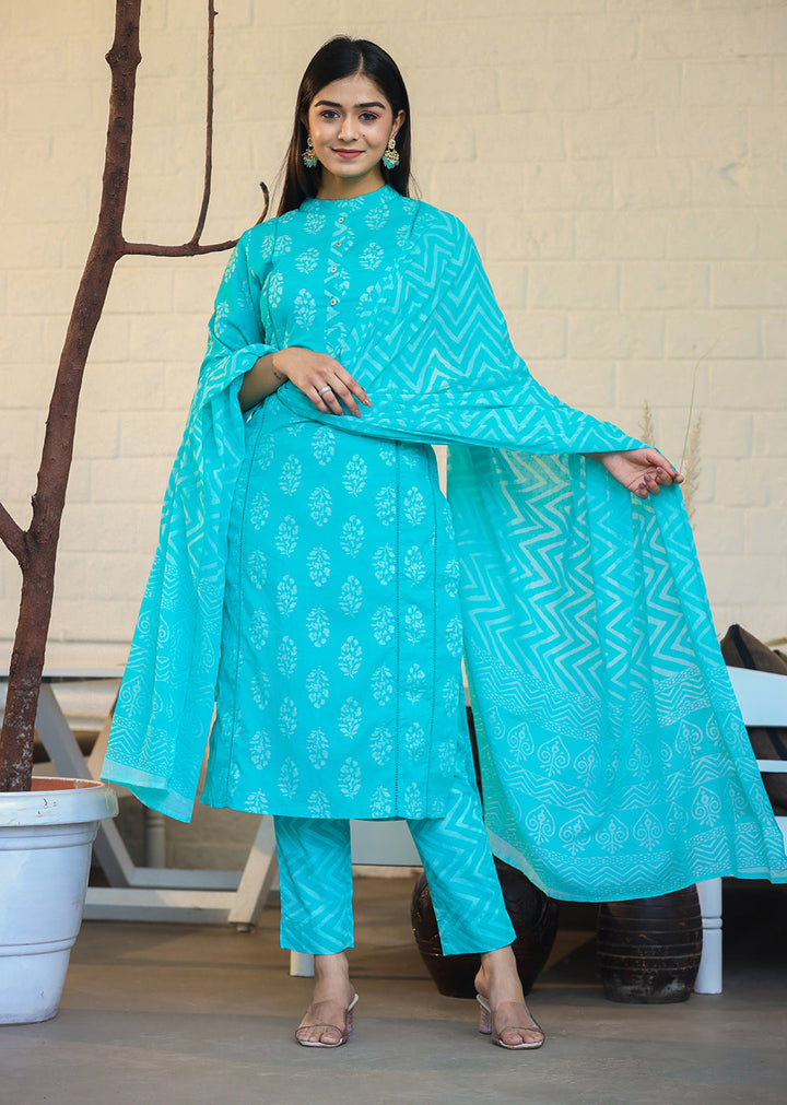 Turqouise Green Block Print Cotton Kurta Pant Set With Dupatta